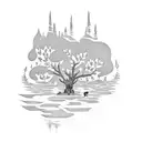 A dotwork tattoo of a nature scene with a motorbike hidden among the trees, incorporating musical symbols in the background. tattoo design idea
