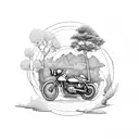 A dotwork tattoo of a nature scene with a motorbike hidden among the trees, incorporating musical symbols in the background. tattoo design idea