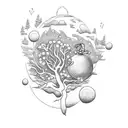 A dotwork tattoo of a nature scene with a motorbike hidden among the trees, incorporating musical symbols in the background. tattoo design idea