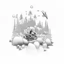 A dotwork tattoo of a nature scene with a motorbike hidden among the trees, incorporating musical symbols in the background. tattoo design idea