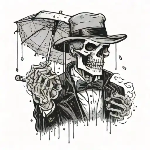 skeleton vagabond smoking cigarette, while standing in the rain in a black tuxedo tattoo design idea