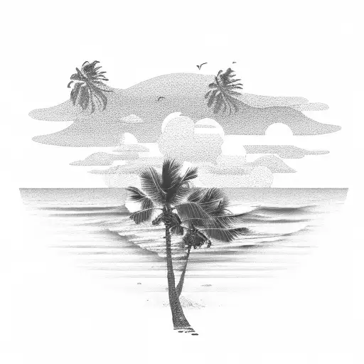 A serene beach scene with palm trees, waves, and a sunset tattoo design idea