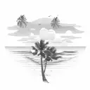 A serene beach scene with palm trees, waves, and a sunset tattoo design idea