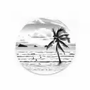 A serene beach scene with palm trees, waves, and a sunset tattoo design idea