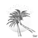 A serene beach scene with palm trees, waves, and a sunset tattoo design idea
