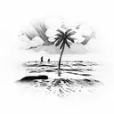 A serene beach scene with palm trees, waves, and a sunset tattoo design idea