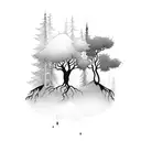 A mystical forest with a black cat perched on a tree branch tattoo design idea