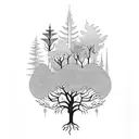 A mystical forest with a black cat perched on a tree branch tattoo design idea