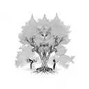 A mystical forest with a black cat perched on a tree branch tattoo design idea