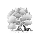 A mystical forest with a black cat perched on a tree branch tattoo design idea