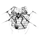 Spiderman hanging upside down from a web, through a brick wall tattoo design idea