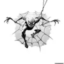 Spiderman hanging upside down from a web, through a brick wall tattoo design idea