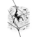 Spiderman hanging upside down from a web, through a brick wall tattoo design idea