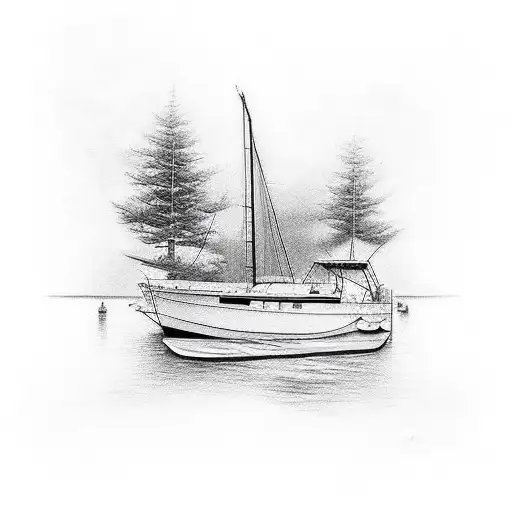 inside of boat by shore tattoo design idea