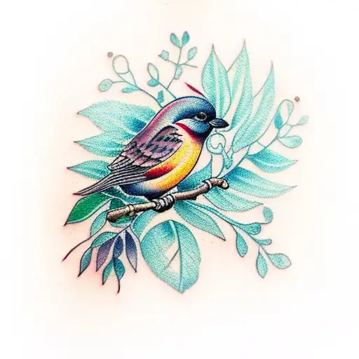 blueberry branch with bird  tattoo design idea