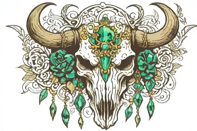 bull skull with emerald jewels dangling tattoo design idea