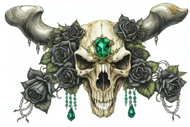 bull skull with emerald jewels dangling and black roses tattoo design idea