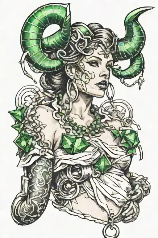 woman with bullhorns with emeralds draped around her  tattoo design idea