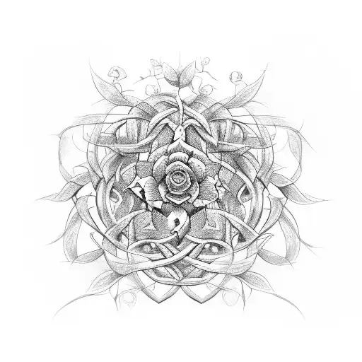 An architectural blueprint of a social work symbol entwined with vines and flowers tattoo design idea