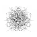 An architectural blueprint of a social work symbol entwined with vines and flowers tattoo design idea