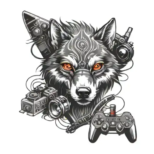 A striking black and grey tattoo of a fierce wolf with a skull mask, surrounded by gaming elements like controllers and consoles, reflecting the client's love for gaming and edgy designs tattoo design idea