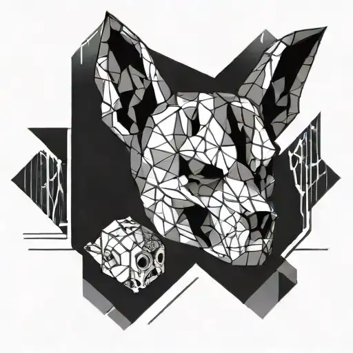 A futuristic origami-inspired design featuring a cybernetic skull and a pixelated dog, with elements of gaming incorporated throughout tattoo design idea