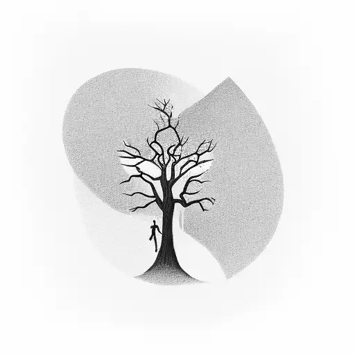 A black and grey tattoo depicting a weightlifting barbell morphing into a tree, symbolizing the client's passion for fitness and their connection to nature. tattoo design idea