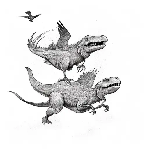 three birds flying above a trex tattoo design idea