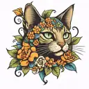 cat with flowers tattoo design idea
