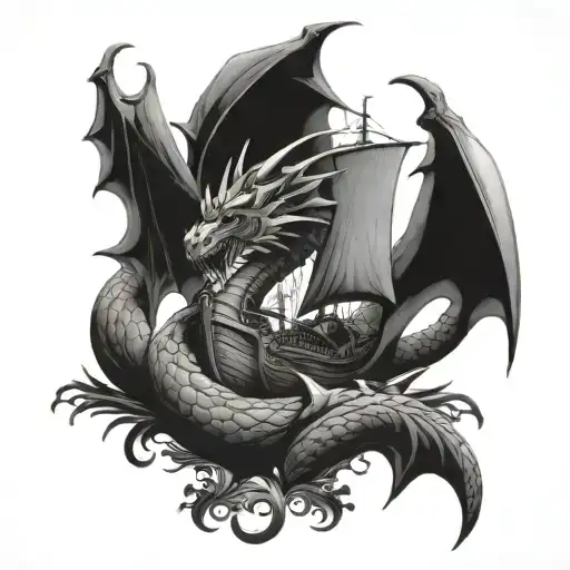 dragon and big boat tattoo design idea