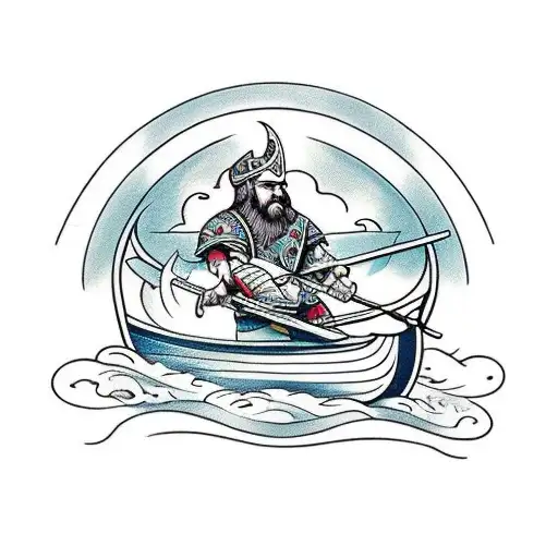 rowboat thats is shaped as a fish with two vikings paddling within the boat tattoo design idea