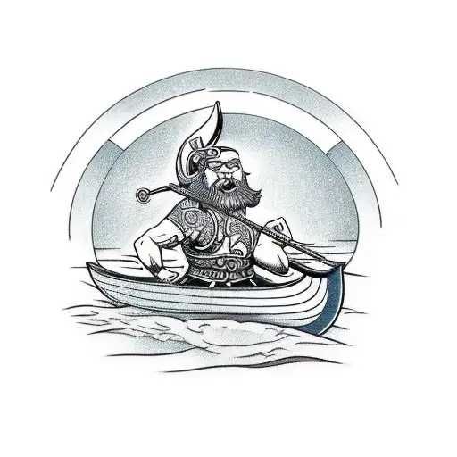 rowboat thats is shaped as a fish with two vikings paddling within the boat tattoo design idea