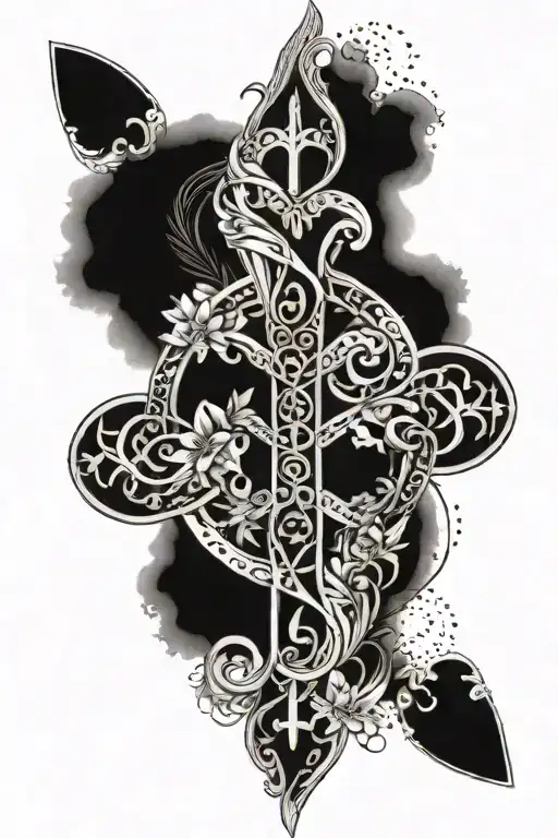 A celestial-themed tattoo featuring intricate flower patterns intertwined with a god's cross and an infinity sign tattoo design idea
