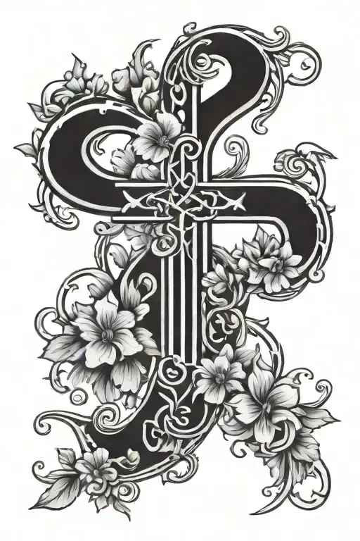 infinity symbol with flowers and gods cross tattoo design idea