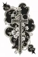 A celestial-themed tattoo featuring intricate flower patterns intertwined with a god's cross and an infinity sign tattoo design idea