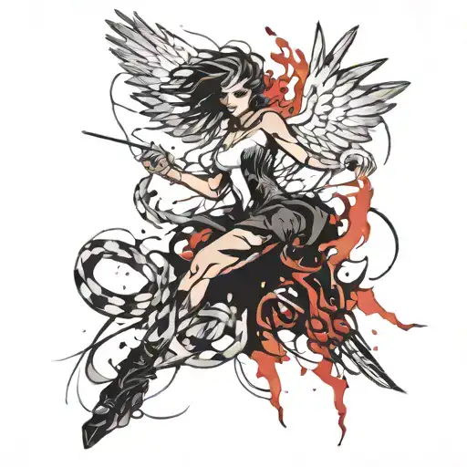 phoenix girl taking off from a spark of flame tattoo design idea