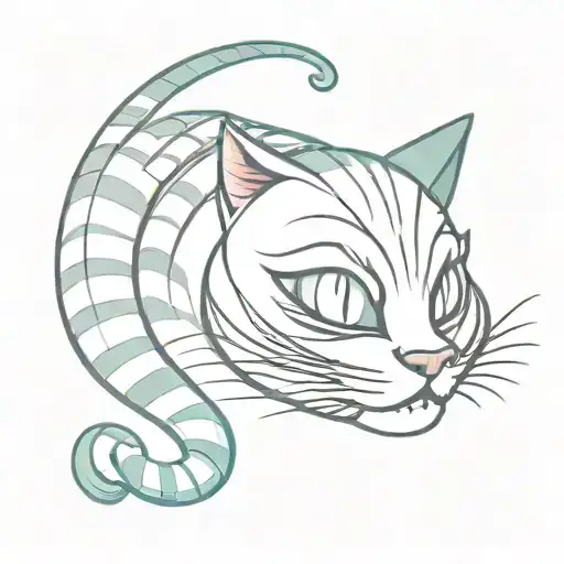 Cheshire cat grining with long tail , chessboard faded out into back tattoo design idea