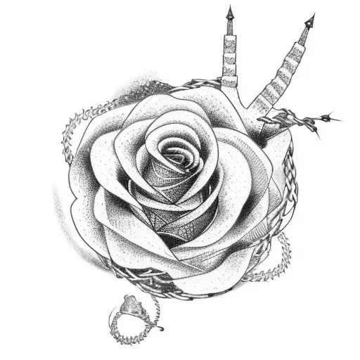 A dotwork tattoo of a video game controller entwined with a Texas rose and barbed wire tattoo design idea