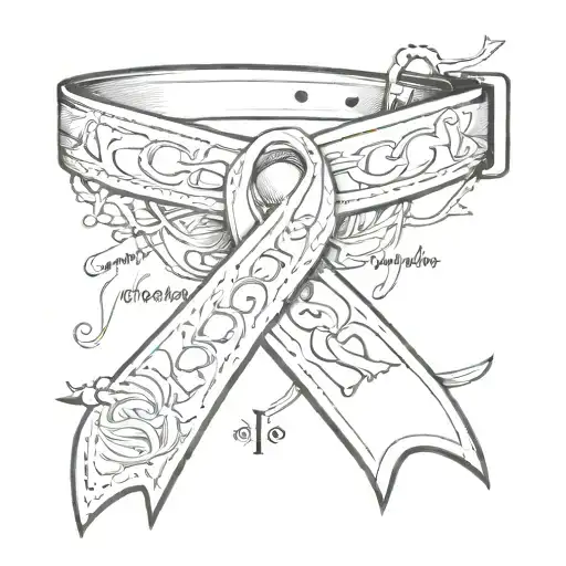 dog collar in shape of cancer ribbon with the dates july 13, 2018 and june 10, 2024 in roman numerals tattoo design idea