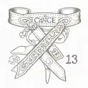 dog collar in shape of cancer ribbon with the dates july 13, 2018 and june 10, 2024 in roman numerals tattoo design idea