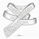 dog collar in shape of cancer ribbon with the dates july 13, 2018 and june 10, 2024 in roman numerals tattoo design idea