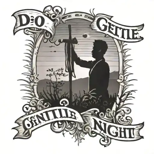 A silhouette of a man standing defiantly against a setting sun, with the words 'do not go gentle into that good night' incorporated into the design tattoo design idea