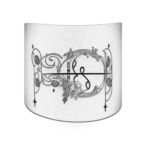 Bracelet with two signetures. two lines around the forearm. between the lines fill it with GRapes, cards, music, holding tattoo design idea