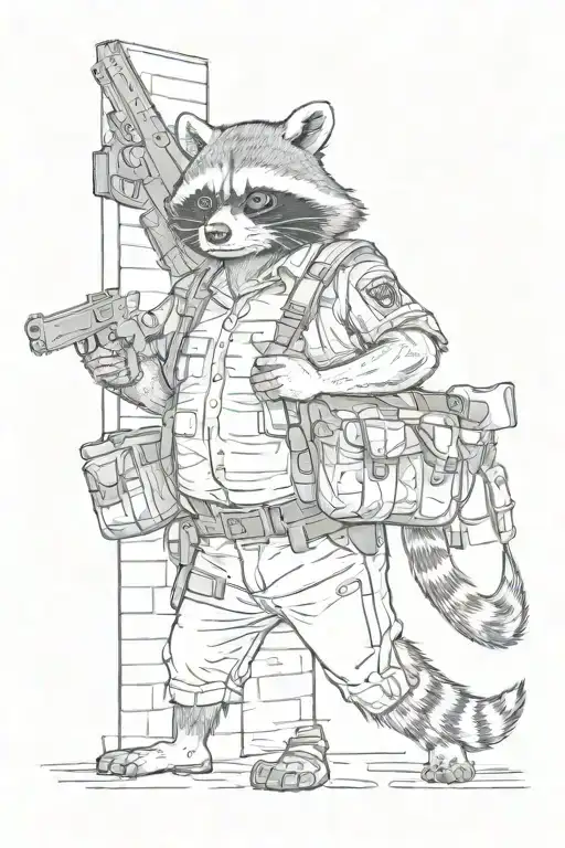 raccoon holding a money bag with his back against the wall with cops surrounded by police with their guns drawn. tattoo design idea