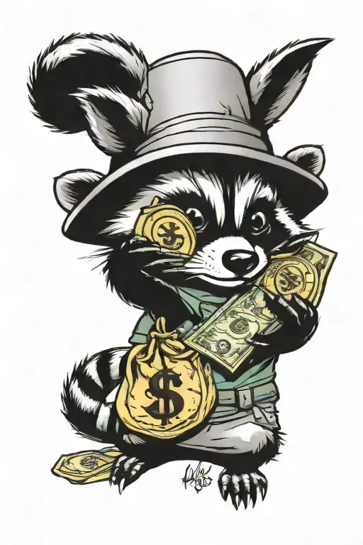 raccoon holding a money bag surrounded buy cops  tattoo design idea
