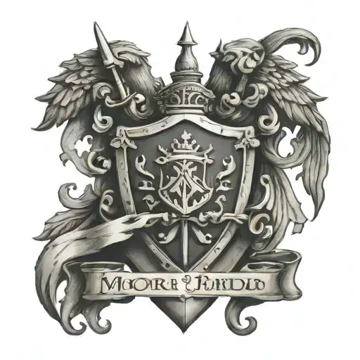 family crest featuring a shield, and a dagger  family name: moore,  family motto: timere et progredi tattoo design idea