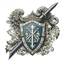 family crest featuring a shield, and a dagger  family name: moore,  family motto: timere et progredi tattoo design idea