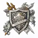 family crest featuring a shield, and a dagger  family name: moore,  family motto: timere et progredi tattoo design idea