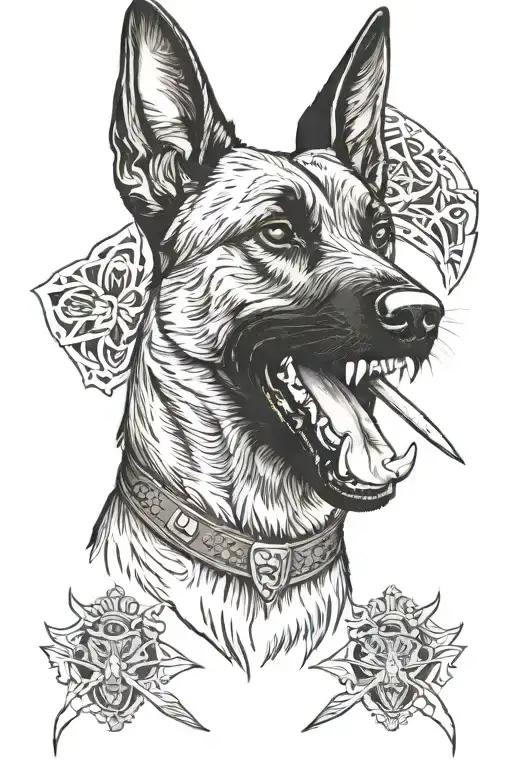 Belgian malinois head with dagger in mouth tattoo design idea