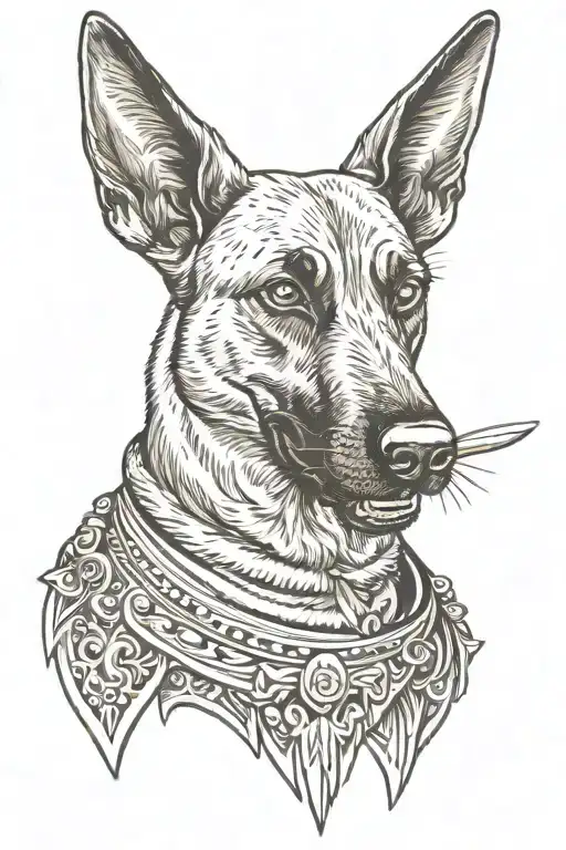 Belgian malinois with traditional dagger in mouth tattoo design idea
